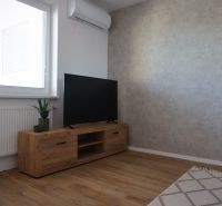 A television on a wooden cabinet, a floor with a wooden decor, a corner of the living room in a 2-room apartment.