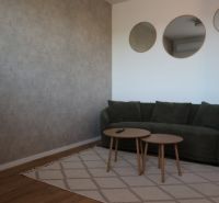 Living room in a two-room apartment with a green sofa, round tables, and three mirrors.