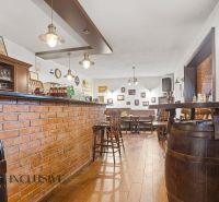 Brick bar and stools in a gastro space with a wooden decor floor.