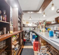 Interior of a gastro space with a bar and drinks on shelves, floor with wooden decor.