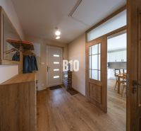 Entrance hall with a wardrobe and a mirror in a family house, floor with wooden decor.