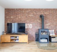Television and fireplace on a brick wall, floor with wood decor, family house.