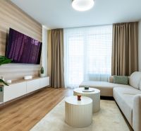 Living room with wood-patterned flooring, a comfortable sofa set, and a large television.