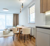 Interior of a 3-room apartment with a bright kitchen, dining table, and wooden decor flooring.