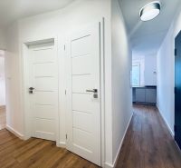 A hallway in a 3-room apartment with a wooden decor floor and white doors.