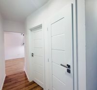A hallway in a 3-room apartment with white doors and a floor with a wood design.