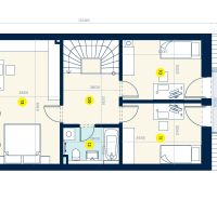 Attic floor plan of a family house with three rooms, a bathroom, and a hallway.