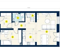Ground floor plan of a family house with four rooms and a staircase.