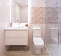 Bathroom in a holiday apartment with a wooden decor floor and a shower corner.