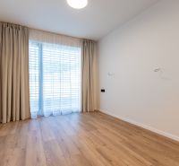 An empty room in a family house with wood-patterned flooring and a large window.