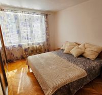 A bedroom in a two-room apartment with a wood-patterned floor and a large mirror.