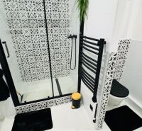 A bathroom with a shower and black-and-white patterns in a studio apartment.