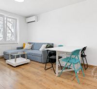 Living room in a two-room apartment with wood-patterned flooring, a sofa, and a dining table.