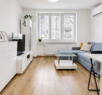 Living room in a two-room apartment with a wooden decor floor, white furniture, and a sofa.