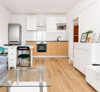 Living room with a kitchenette, wooden decor flooring, and white furniture in a 2-room apartment.