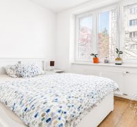 Bedroom in a 2-room apartment with wood-patterned flooring and large windows.