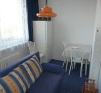A room with a blue couch and an orange lamp in a two-room apartment.