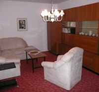 Living room in a two-room apartment with comfortable sofas and a red carpet.