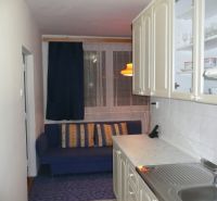 A kitchen with a sofa in a 2-room apartment, basement cabinets, and curtains.