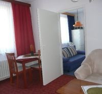 Living room in a two-room apartment with an upholstered sofa and a dining table.