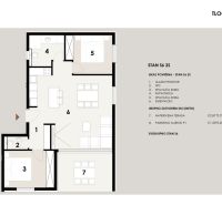 Floor plan of a 3-room apartment with a terrace, bathroom, and parking space.