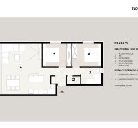 Floor plan of a 3-room apartment with two bedrooms, a bathroom, and a terrace.