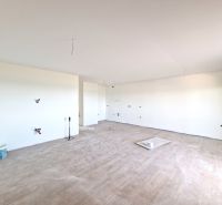 A spacious room of a 3-room apartment with a wooden decor floor and a large window.