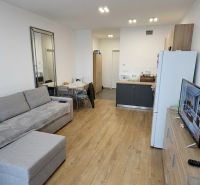Living room in a one-room apartment with a corner sofa and a floor with a wooden decor.