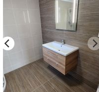 A bathroom in a studio apartment with a floor and walls in wooden decor.