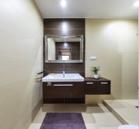 A bathroom in a 3-room apartment with a white sink, dark wood decor, and a mirror.