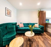 3-bedroom apartment with a sofa, flowers on the table, and a wooden-patterned floor.