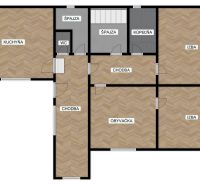 Floor plan of a family house with pantries, a bathroom, two rooms, and flooring with a wooden decor.