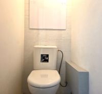 A toilet with tiled walls in a studio apartment.