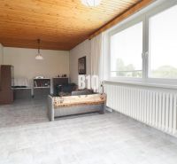 Living room interior with a wooden ceiling, sofa, large window, and light gray floor.