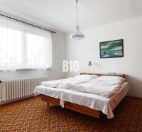 Bedroom in a family house with a bed, orange carpet, and a painting on the wall.