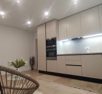 A kitchen in a 4-room apartment with a wooden decor floor, white cabinets, and plants.