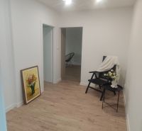 A hallway in a 4-room apartment with a wooden decor floor and a painting on the wall.