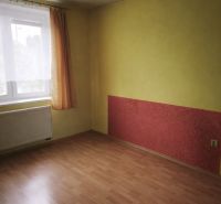 A room in a family house with a wooden decor floor and a colorful wall.