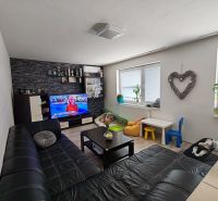 Living room in a three-room apartment with a sofa and TV, floor with wood decor.