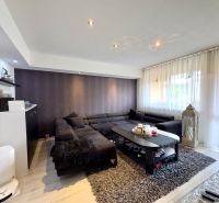 Living room in a 4-room apartment with a dark sofa, wooden decor flooring, and decorations.