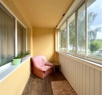 Balcony of a 4-room apartment with seating and flooring with a wooden decor.
