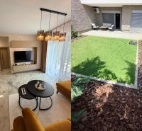 Interior of a 2-room apartment with a marble floor and exterior with a lawn in Galanta.
