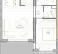 Floor plan of a 2-room apartment. It shows the layout of the kitchen, living room, and bedroom.