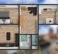 Floor plan of a 2-room apartment with a bedroom, living room, and kitchen with a wooden decor floor.