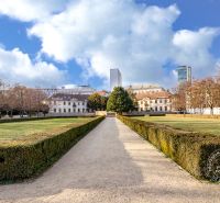 A garden with a central pathway in Bratislava - Old Town, lined with manicured shrubs.
