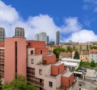 View of modern buildings and residential houses from Grösslingova Street in Bratislava.