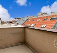 A view from the balcony of rooftops and the panorama of Bratislava on Grösslingová in a 2-room apartment.
