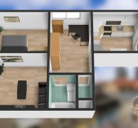 Floor plan of a 2-room apartment with wood-patterned flooring and a balcony.