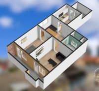 Floor plan of a 2-room apartment with wood-patterned flooring and a balcony.