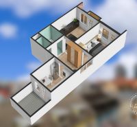 3D floor plan of a 2-room apartment with a balcony and wooden decor flooring.